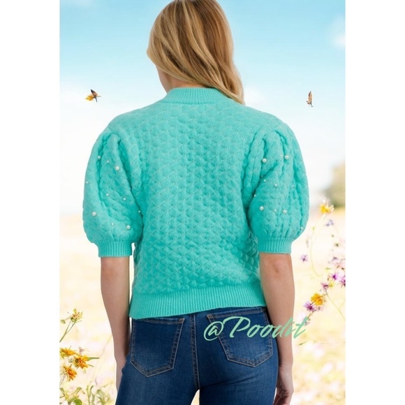PEACH LOVE CALIFORNIA Short puff sleeve pearl knit top S M L - Picture 3 of 9